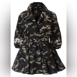 Womens camo peplum jacket w/sequins & belt